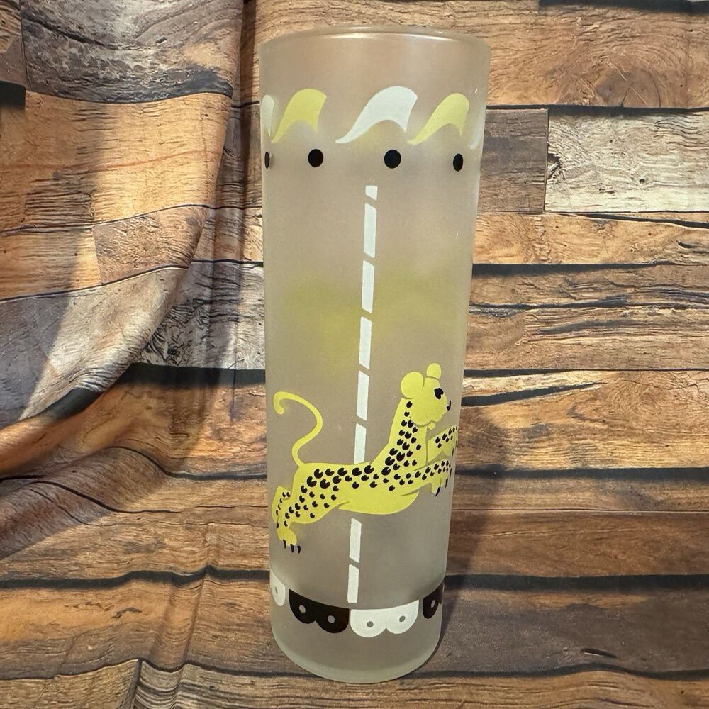Vintage Libbey Frosted Tom Collins Glass Carousel Yellow Leopard MCM Barware